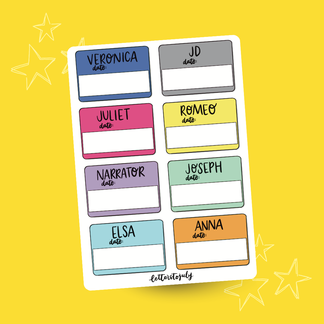 Journal Stickers - Musical Theatre Character Name Tags (A6 Sticker Sheet)