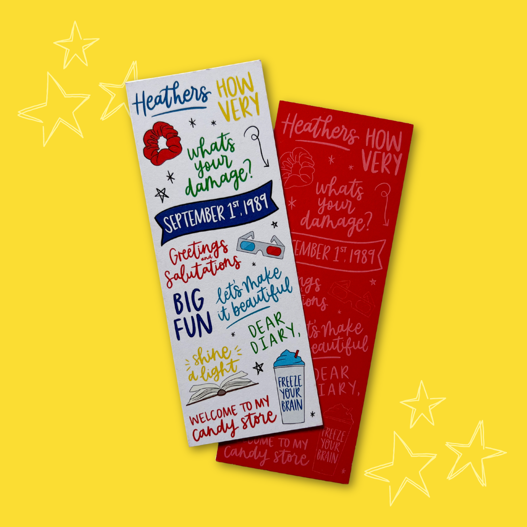 Two bookmarks with 'Heathers' text and graphics on a yellow background