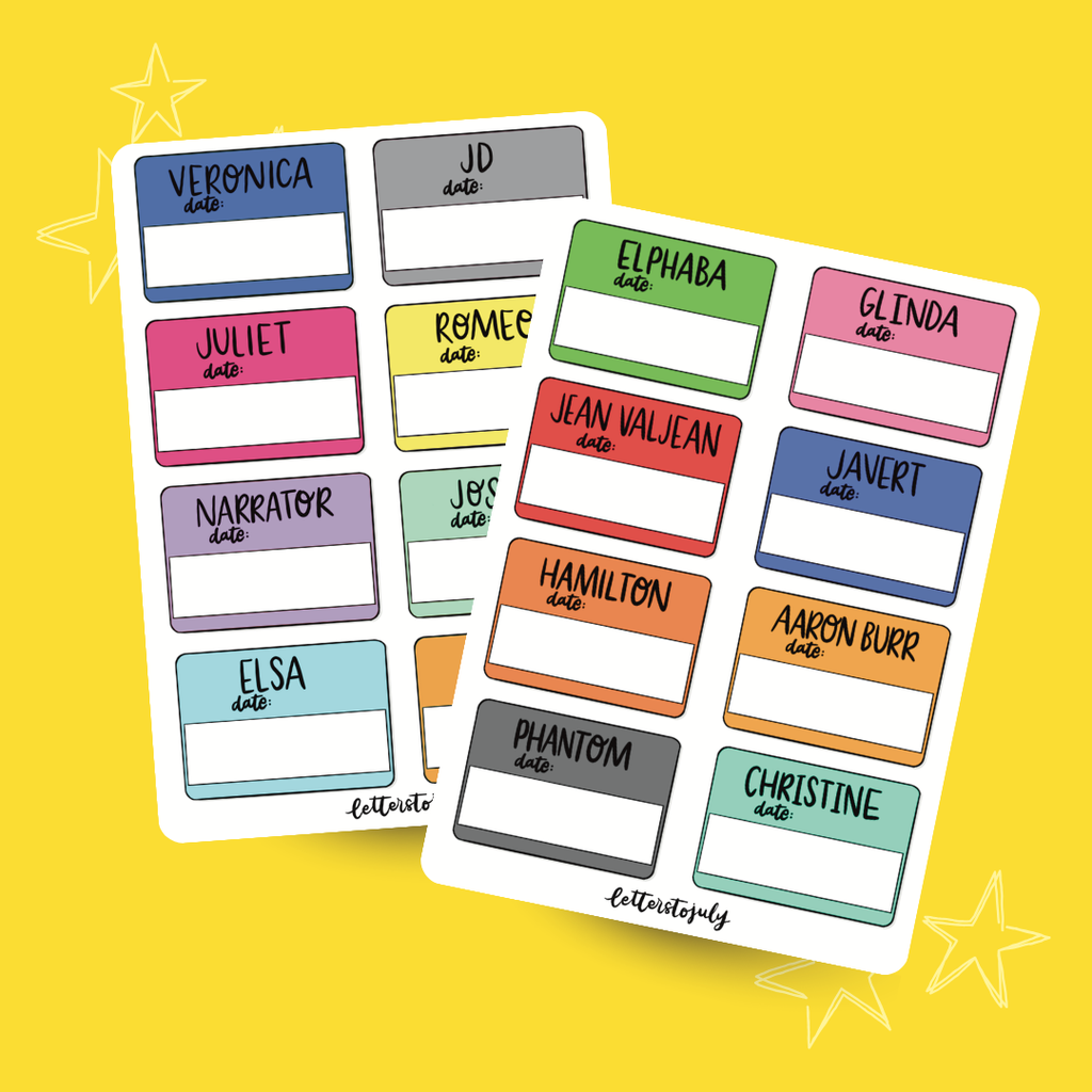 Journal Stickers - Musical Theatre Character Name Tags (A6 Sticker Sheet)
