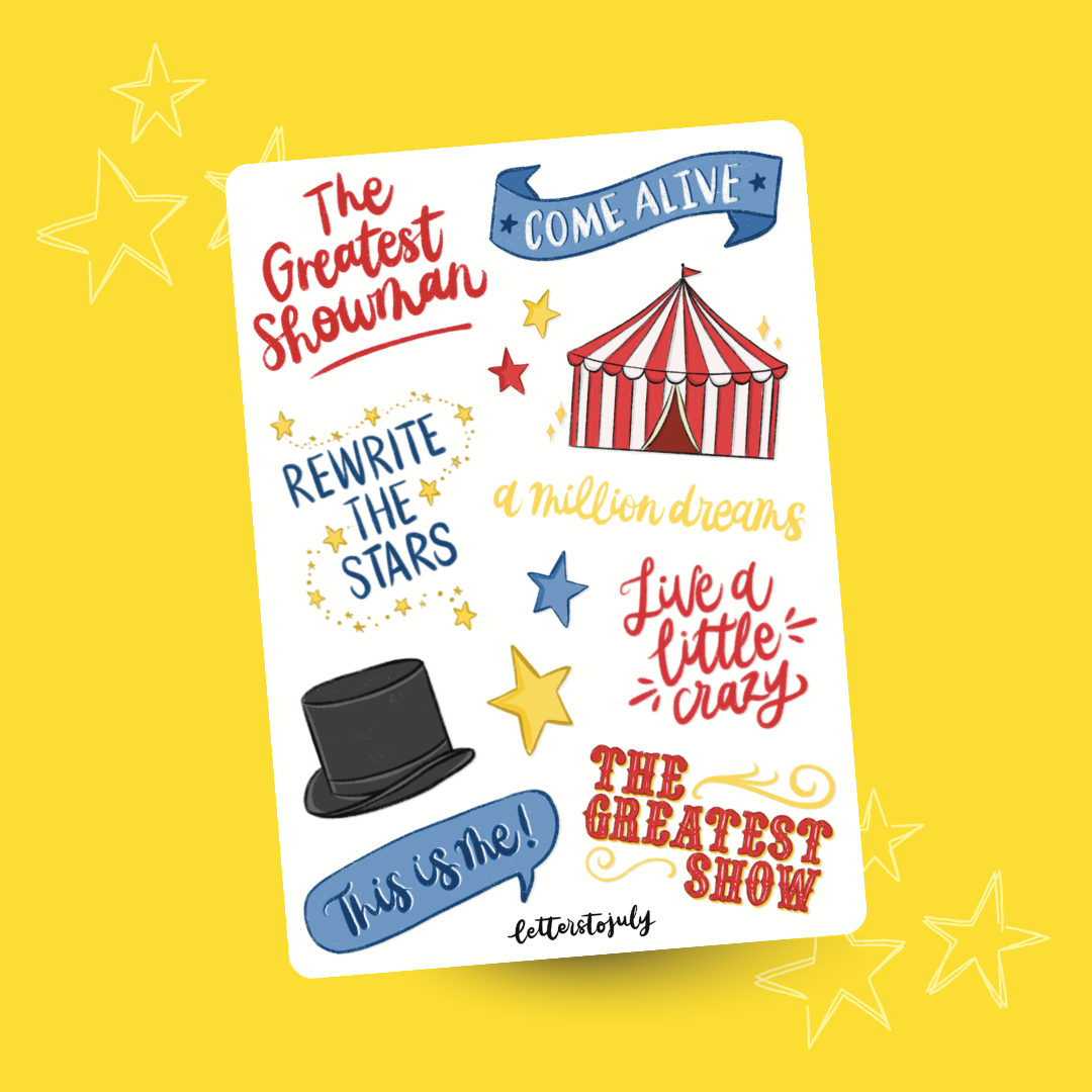 Sheet of Multicoloured Stickers with quotes and images from The Greatest Showman